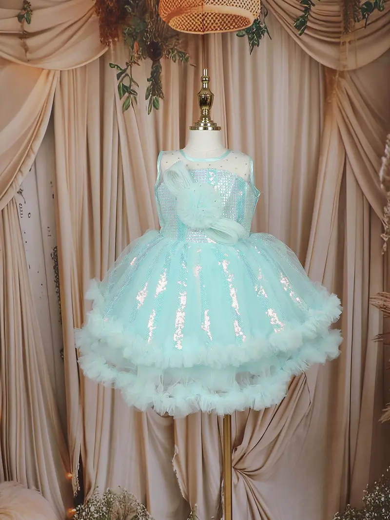 Aqua Blue Sequins Embellished Design Net Frock With Oversized Bow 1