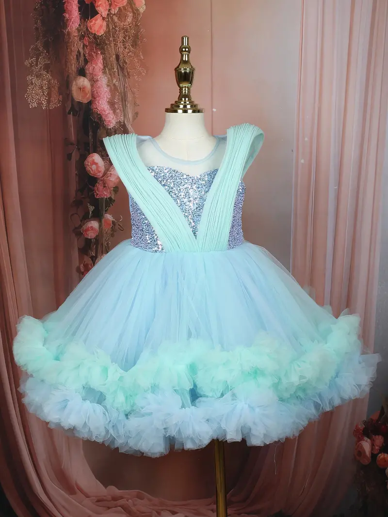 Aqua Blue Sequins Embellished Design Net Party Wear Kids Frock 1