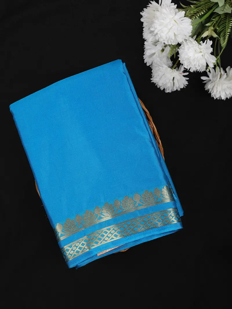 Aqua Blue Solid Design Mysore Silk Saree With Paisley Border 1