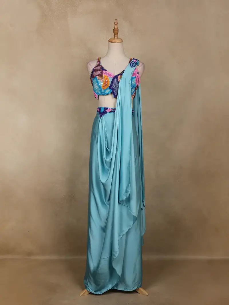 Aqua Blue Solid Design Satin Ready To Wear Draped Saree 1