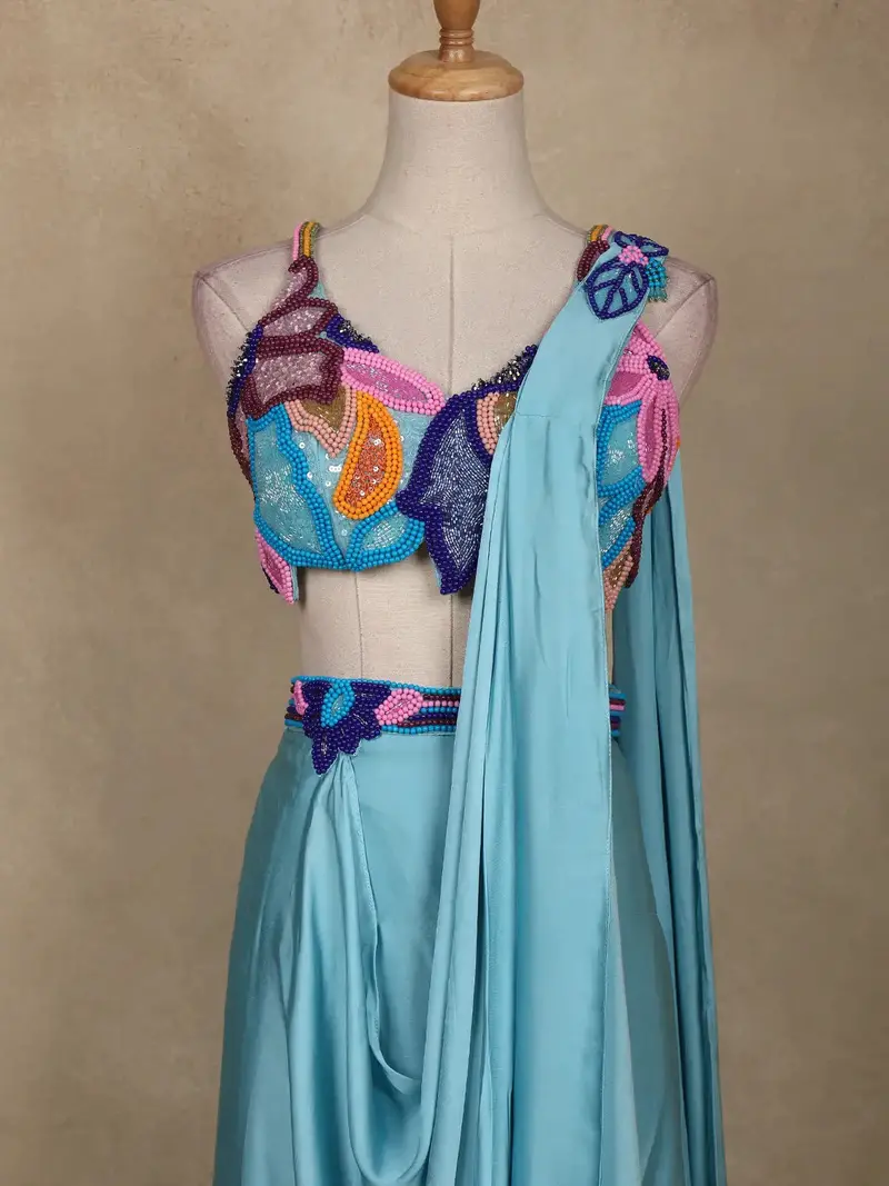 Aqua Blue Solid Design Satin Ready To Wear Draped Saree 2