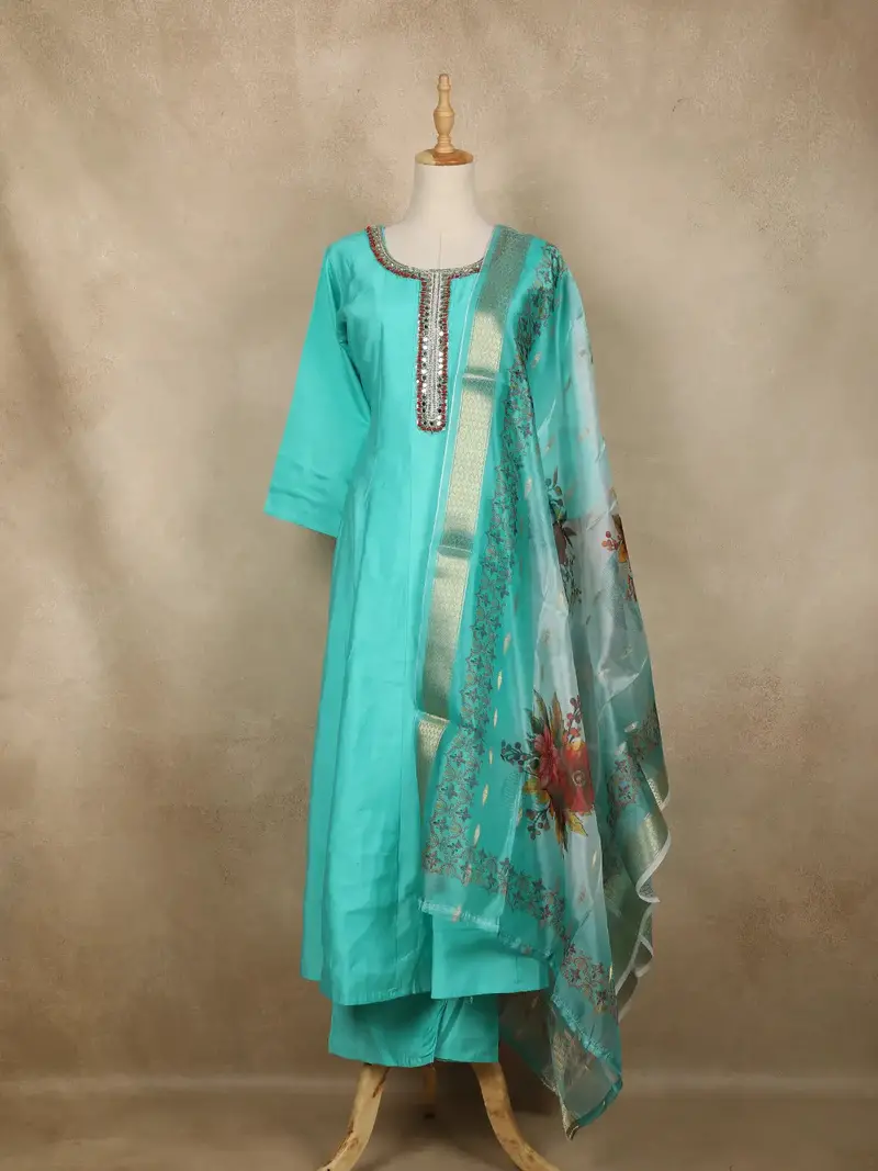 Aqua Blue Solid Design Semi Silk Anarkali Salwar Suit 1