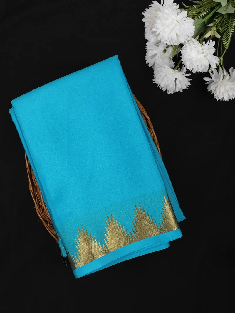 Aqua Blue Solid Woven Design Pure Mysore Silk Saree With Temple Zari Border 1