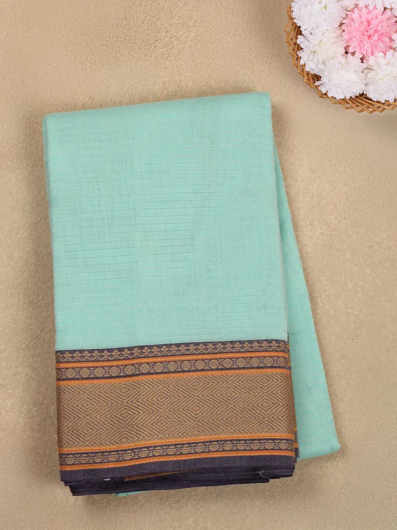 Aqua Blue Striped Woven Design Cotton Saree With Contrast Border 1