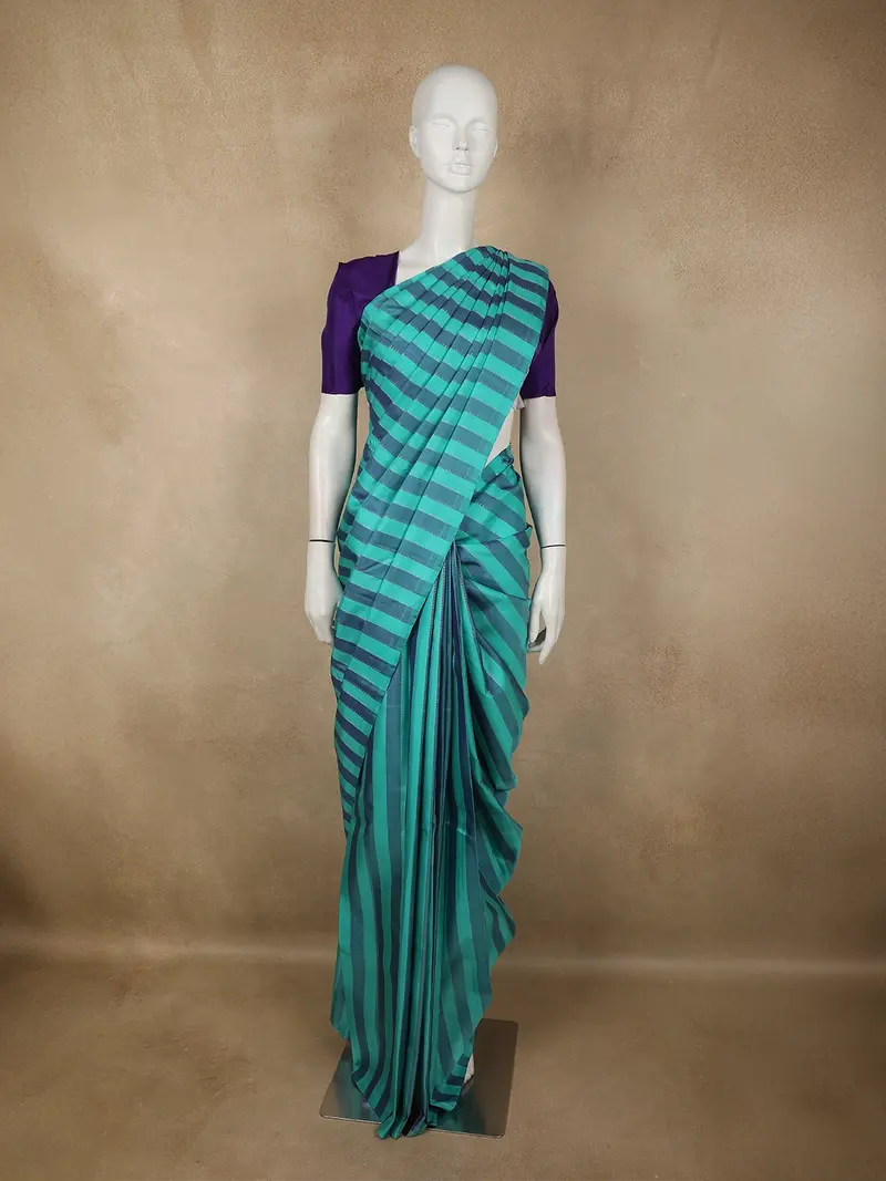 Aqua Blue Striped Woven Design Pure Kanchipuram Silk Saree 1
