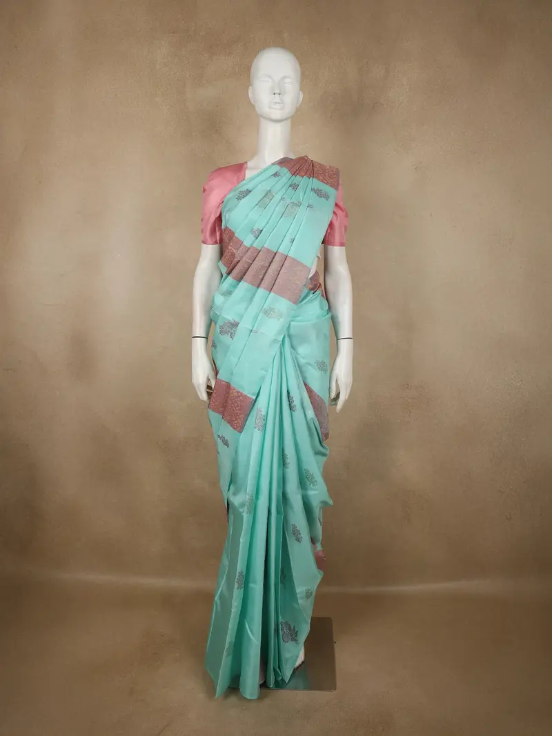 Aqua Blue Striped Zari Woven Design Pure Kanchipuram Silk Saree 1