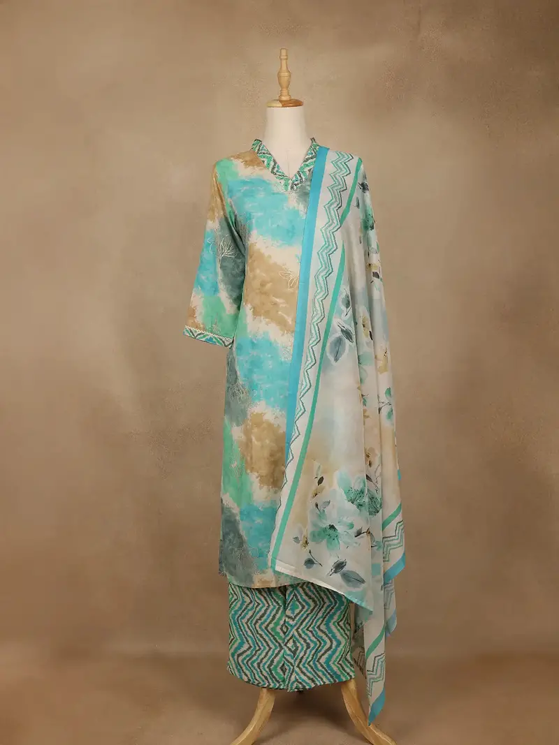 Aqua Blue Tie-Dye Printed Cotton Salwar Suit With Dupatta 1