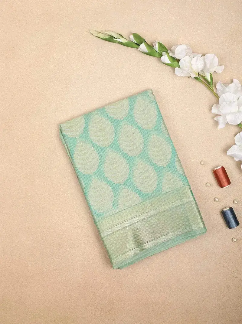 Aqua Green Art Silk Saree With Leaf Motif On The Body With Designed Border 1