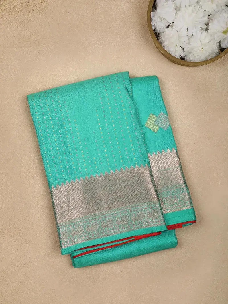 Aqua Green Butta Woven Pure Kanchipuram Silk Saree 1