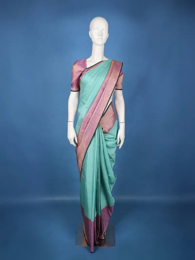 Aqua Green Checked Woven Design Pure Kanchipuram Silk Saree 1