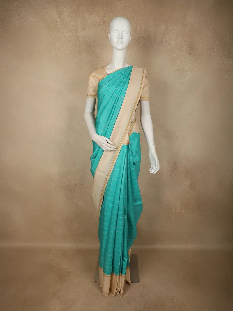 Aqua Green Checked Woven Design Pure Kanchipuram Silk Saree With Contrast Woven Border 1