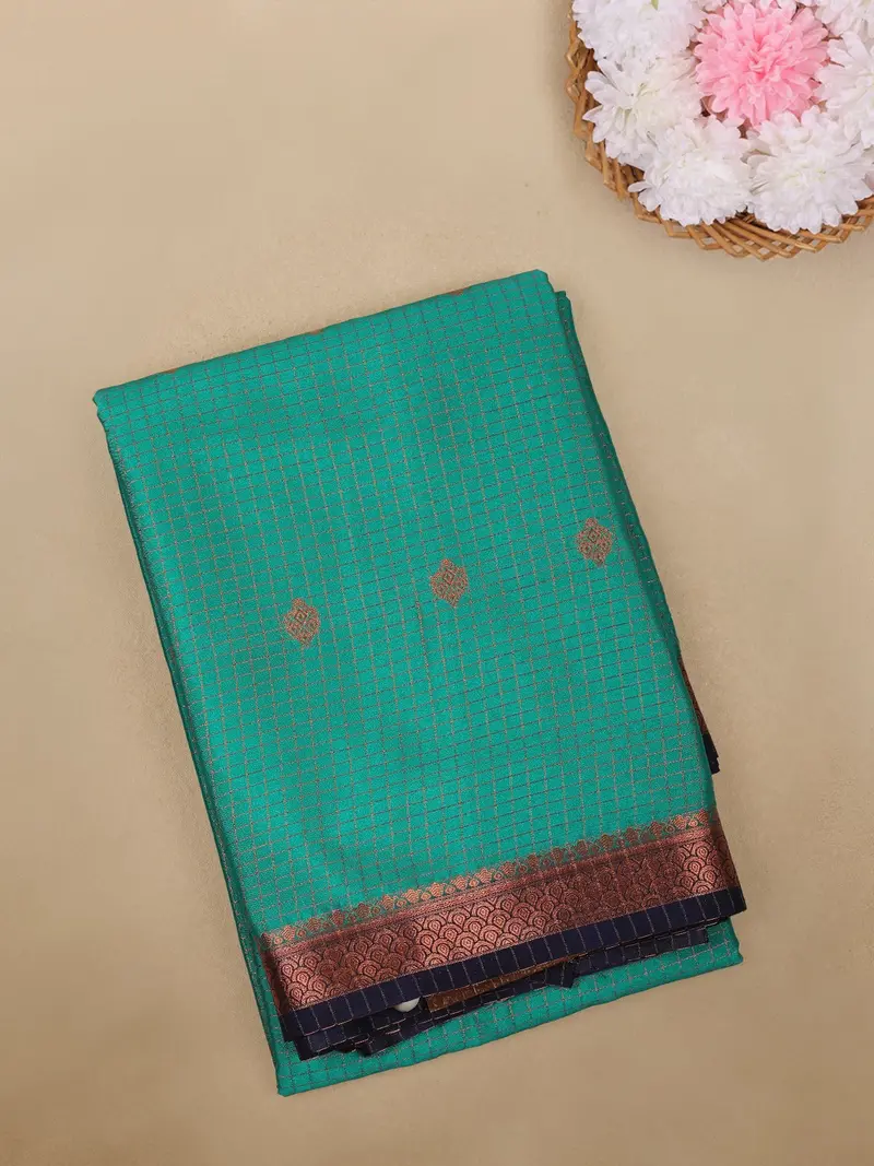 Aqua Green Checks Woven Mysore Silk Saree With Contrast Border 1