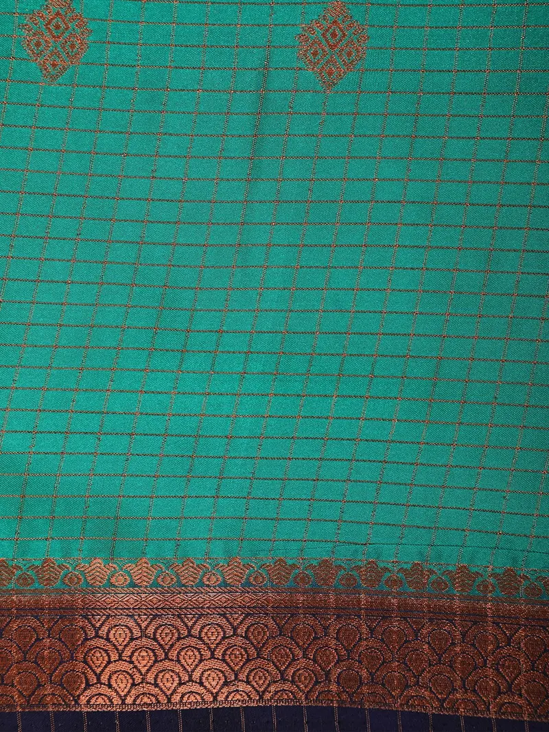 Aqua Green Checks Woven Mysore Silk Saree With Contrast Border 2