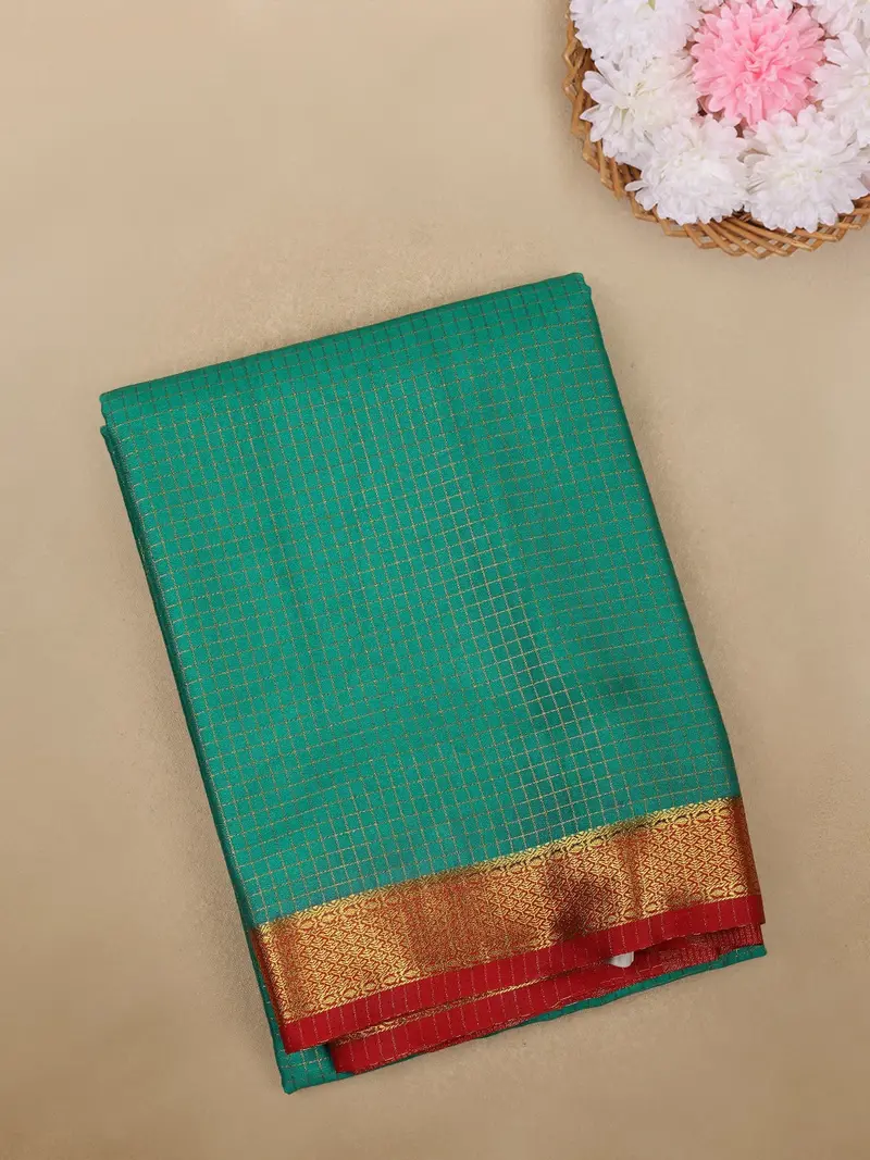 Aqua Green Checks Woven Mysore Silk Saree With Contrast Red Border 1