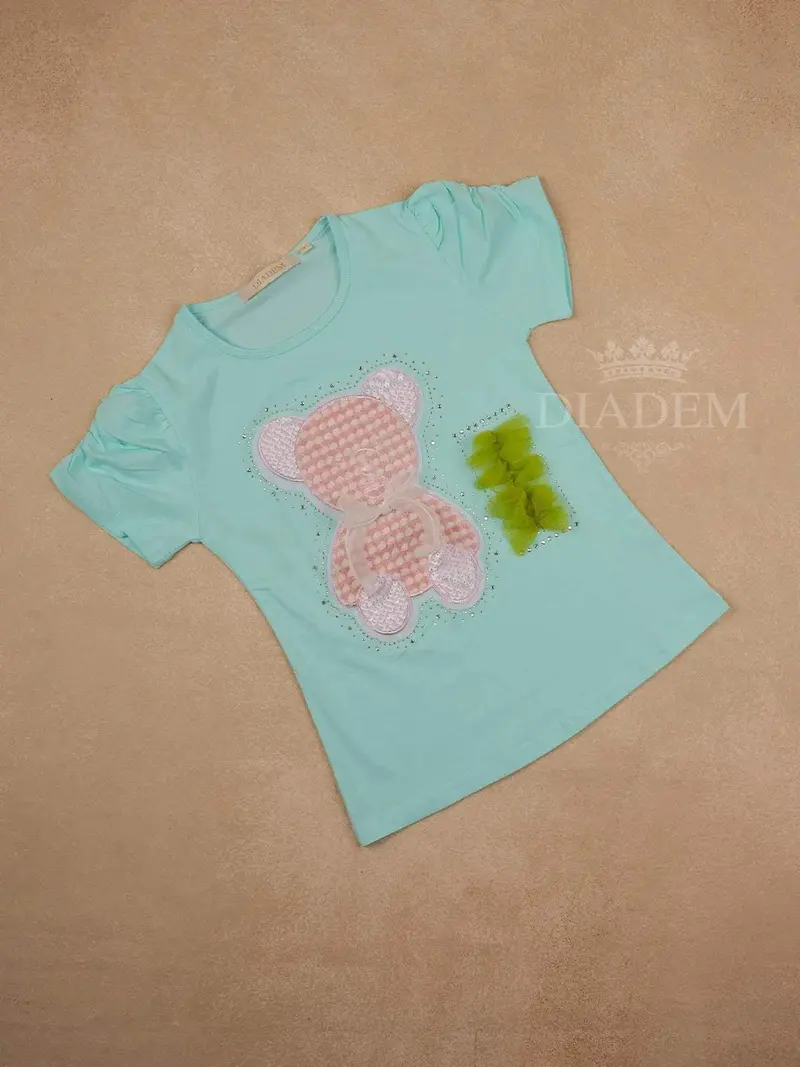 Aqua Green Cotton Half Sleeve T-Shirt With Teddy Designs For Girls 1