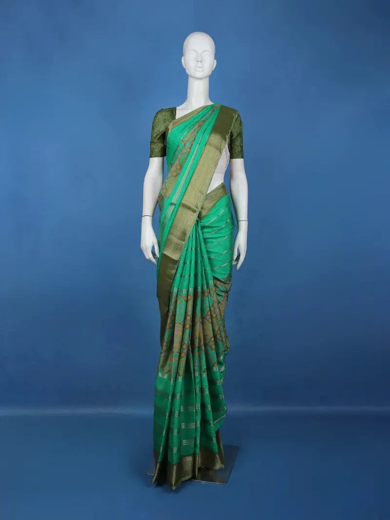 Aqua Green Floral And Striped Design Semi Tussar Saree 1