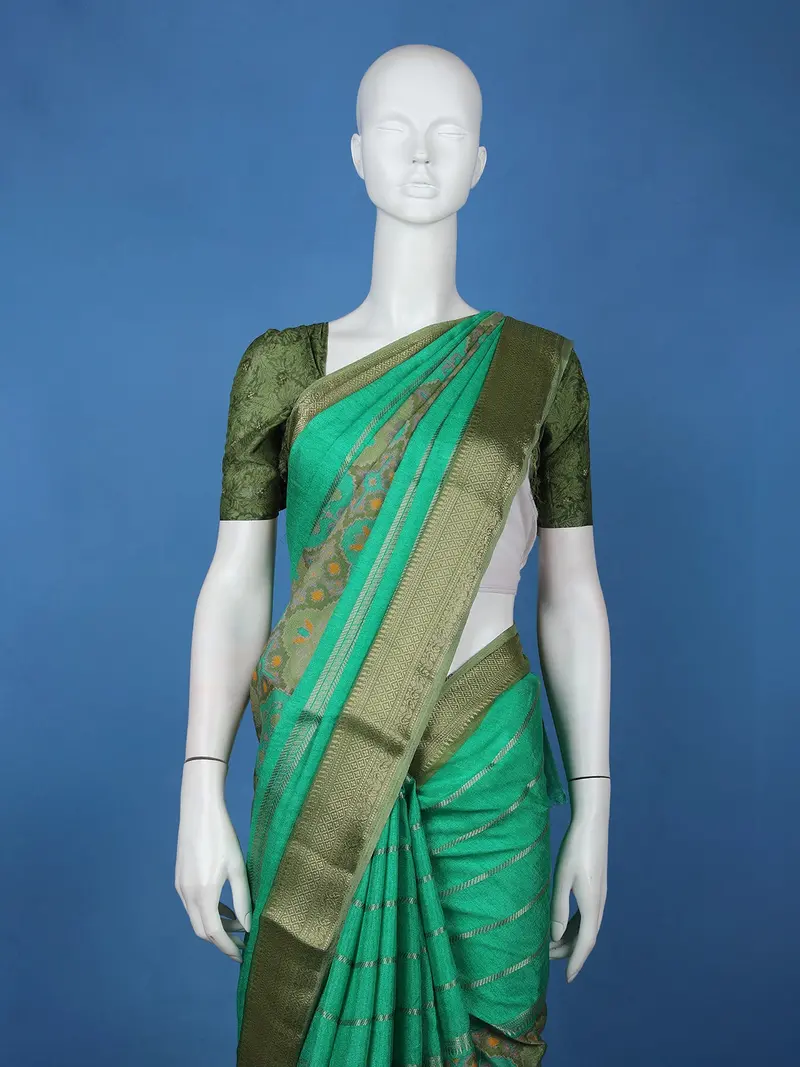 Aqua Green Floral And Striped Design Semi Tussar Saree 2