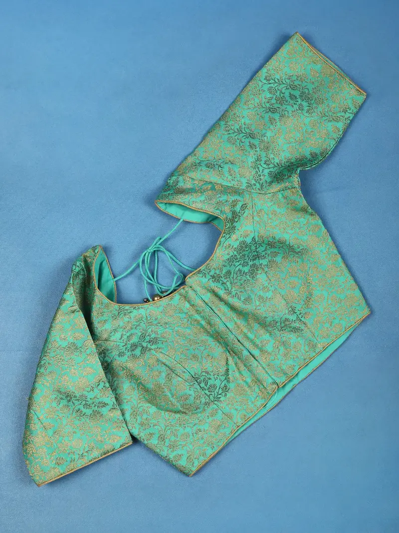 Aqua Green Floral Design Banarasi Silk Readymade Blouse 1