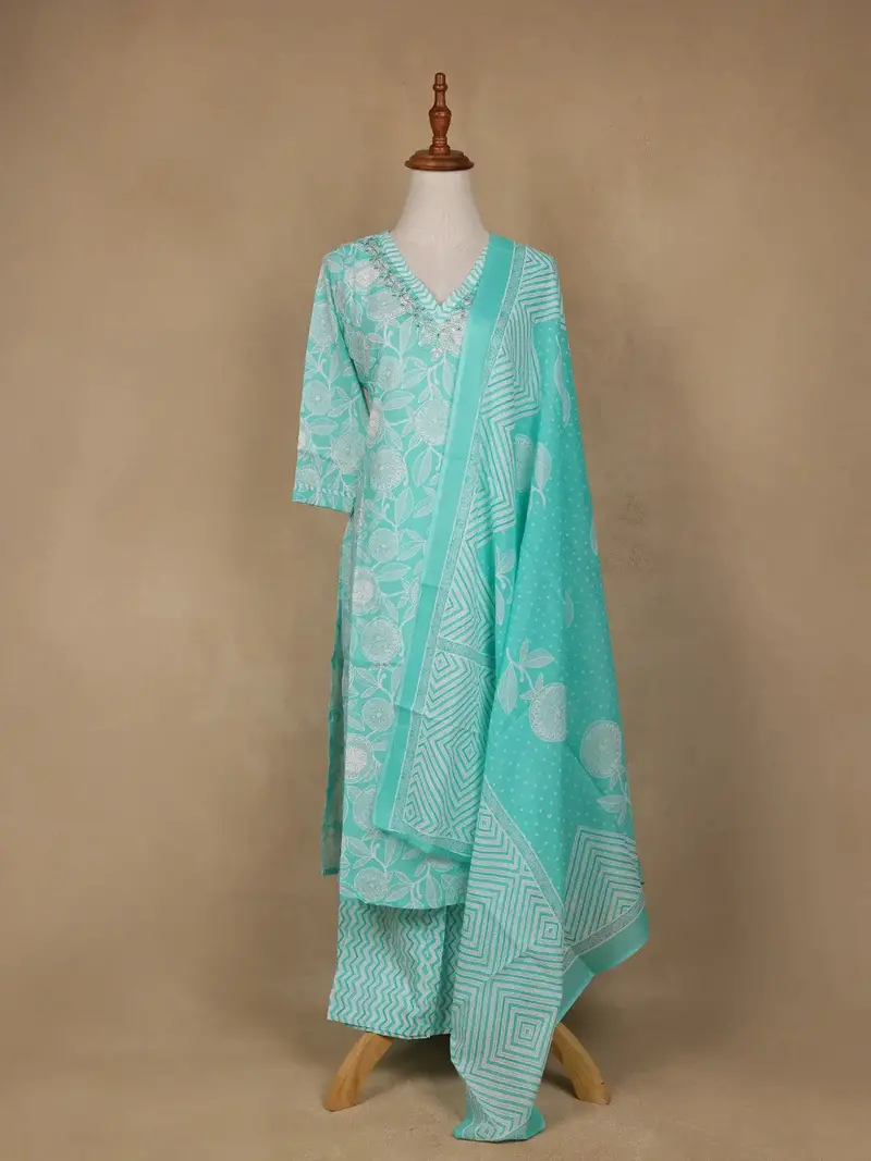 Aqua Green Floral Design Printed Cotton Salwar Suit 1