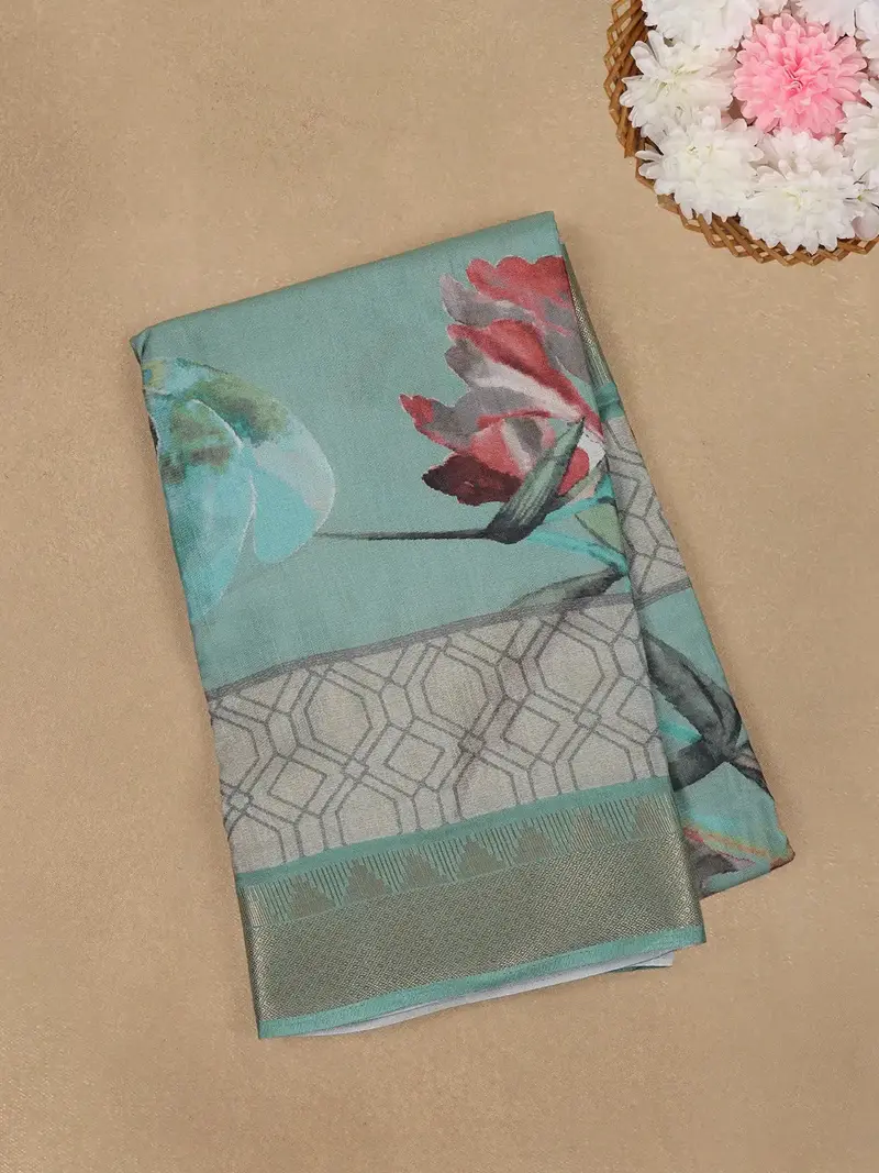 Aqua Green Floral Design Printed Cotton Saree 1