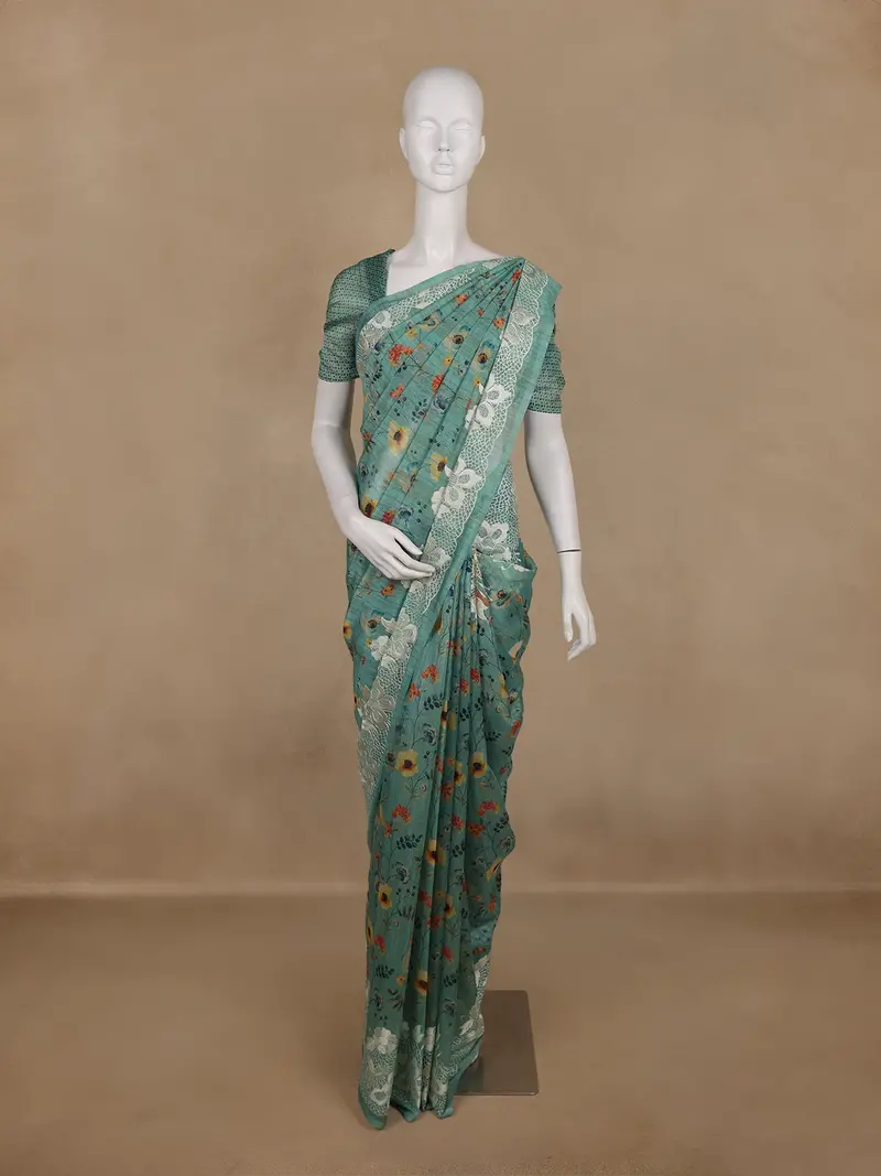 Aqua Green Floral Design Semi Tussar Saree 1