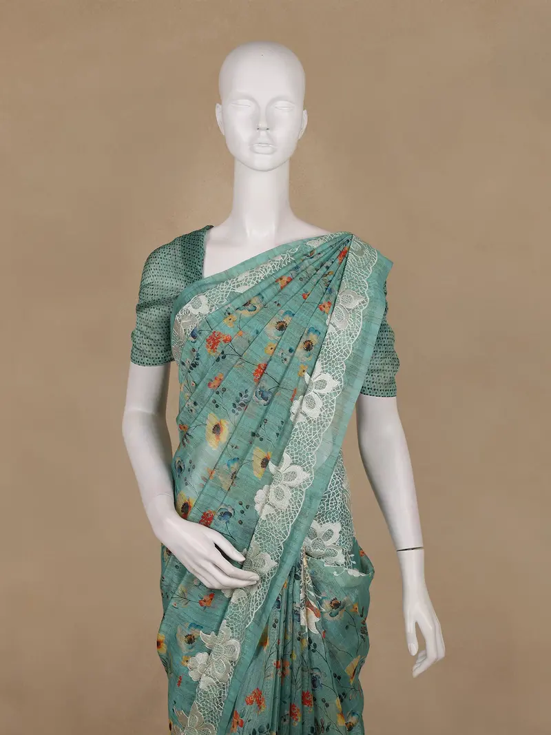 Aqua Green Floral Design Semi Tussar Saree 2