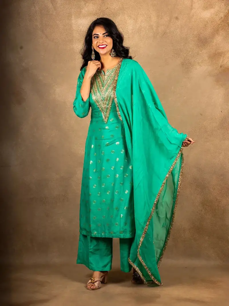 Aqua Green Floral Designed Banarasi Silk Palazzo Salwar Suit 1