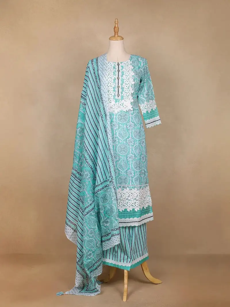 Aqua Green Floral Designed Cotton Palazzo Salwar Suit 1
