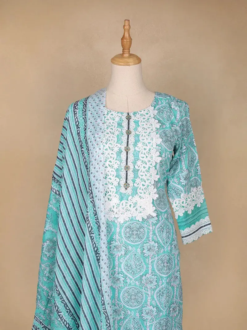 Aqua Green Floral Designed Cotton Palazzo Salwar Suit 2