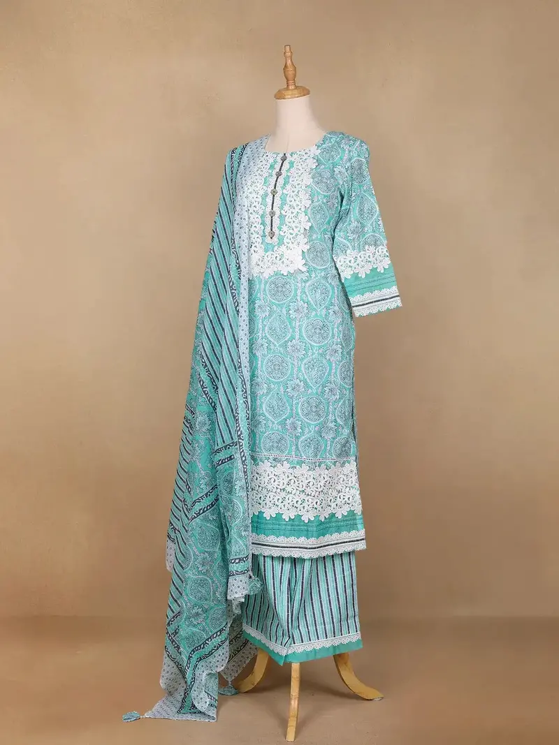 Aqua Green Floral Designed Cotton Palazzo Salwar Suit 3