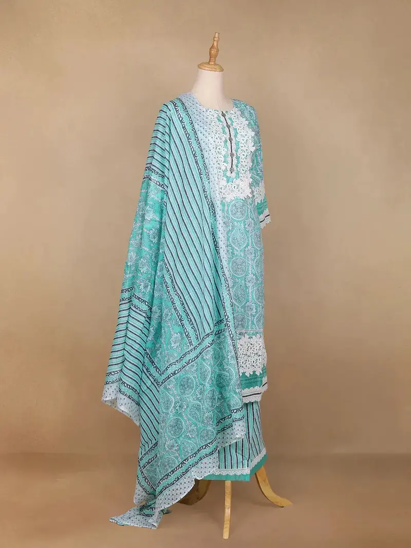 Aqua Green Floral Designed Cotton Palazzo Salwar Suit 4
