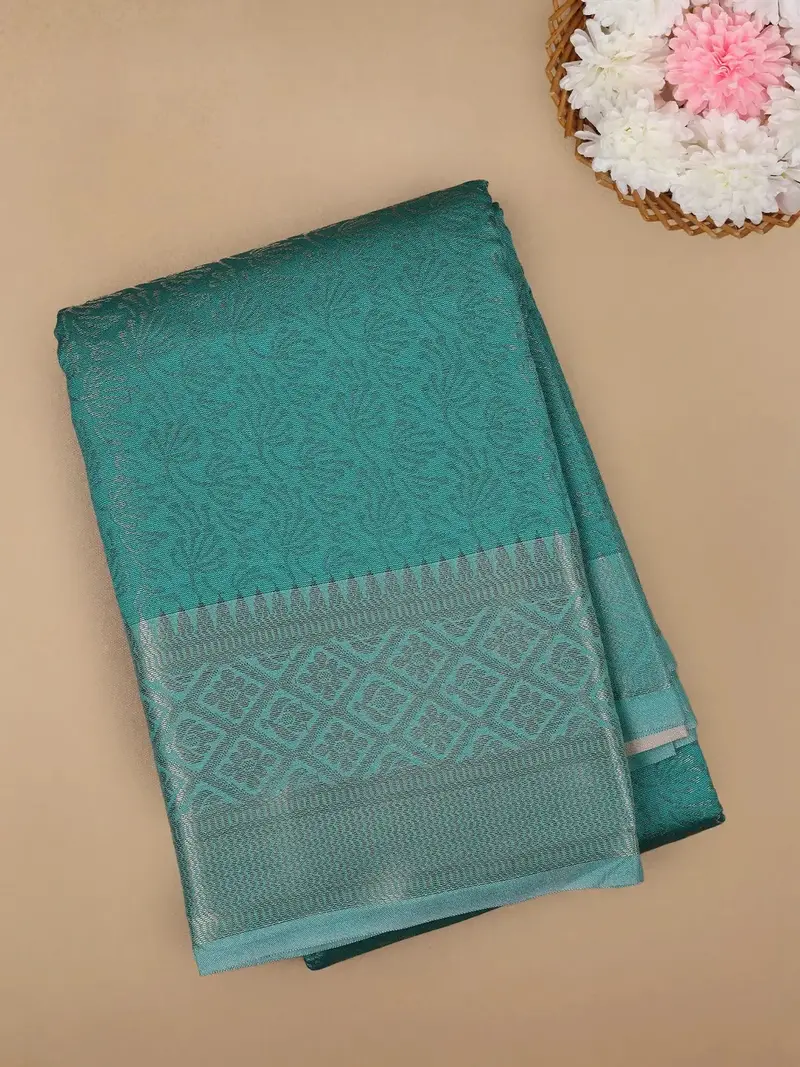Aqua Green Floral Designed Fancy Art Silk Saree 1