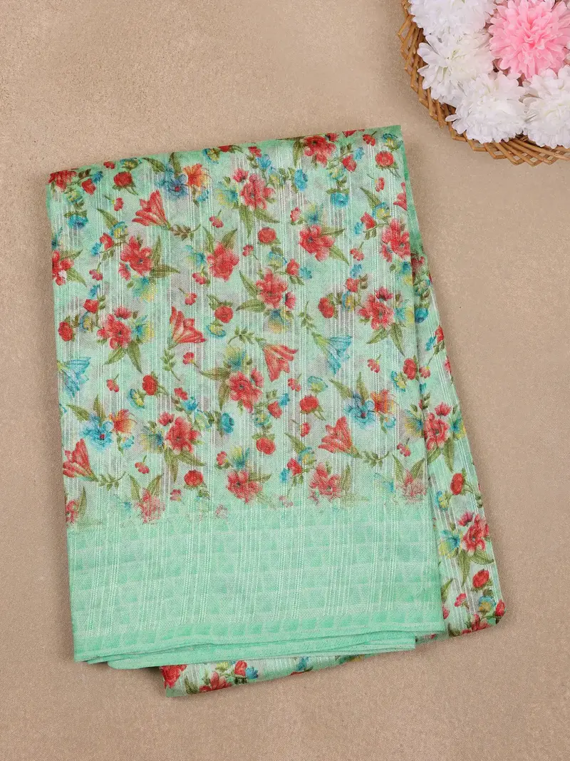 Aqua Green Floral Designed Fancy Cotton Saree 1