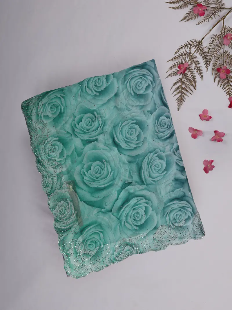 Aqua Green Floral Printed Design Chiffon Saree 1