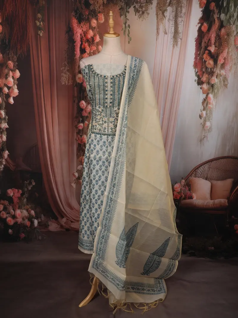 Aqua Green Floral Printed Design Cotton Unstitched Salwar Material 1