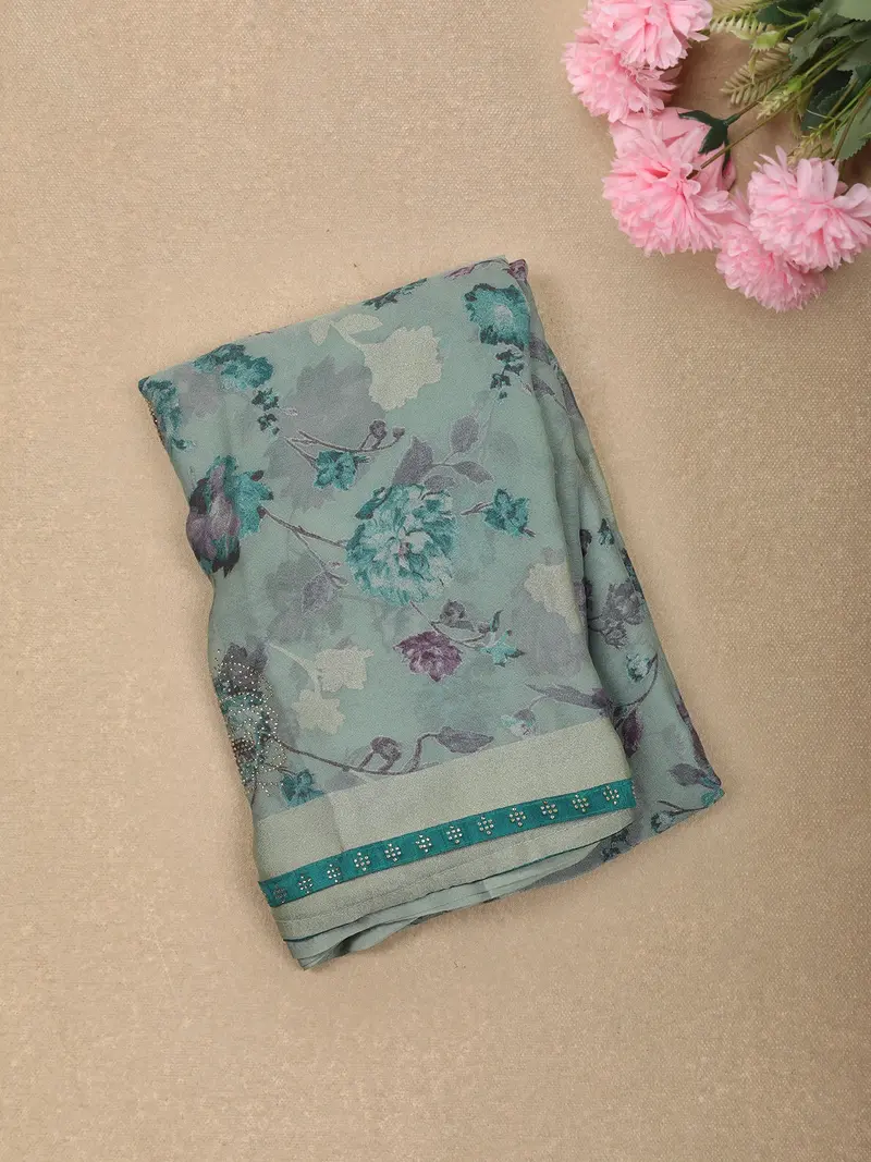 Aqua Green Floral Printed Design Georgette Fancy Saree 1