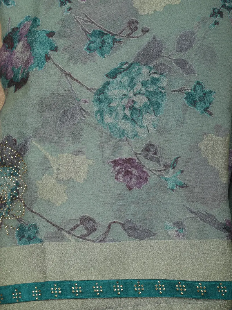 Aqua Green Floral Printed Design Georgette Fancy Saree 2