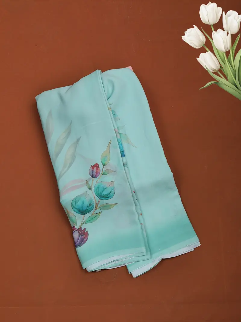 Aqua Green Floral Printed Soft Chiffon Saree 1