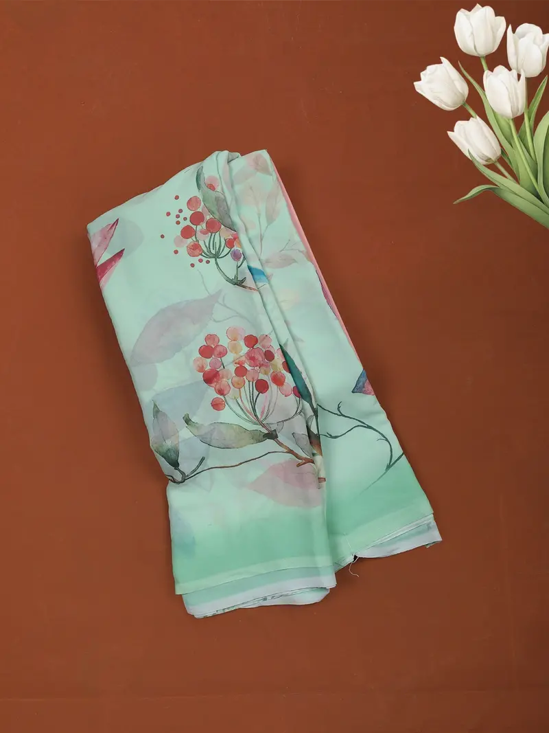 Aqua Green Floral Printed Soft Chiffon Saree 1