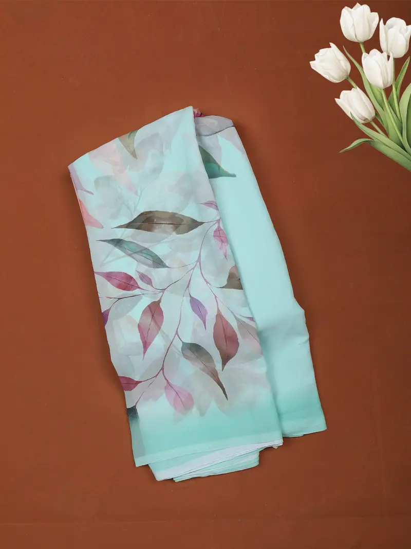 Aqua Green Floral Printed Soft Chiffon Saree 1