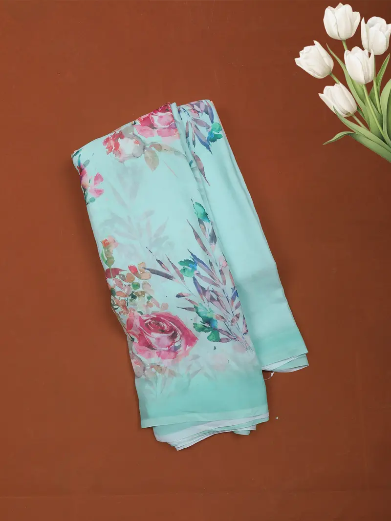 Aqua Green Floral Printed Soft Chiffon Saree 1