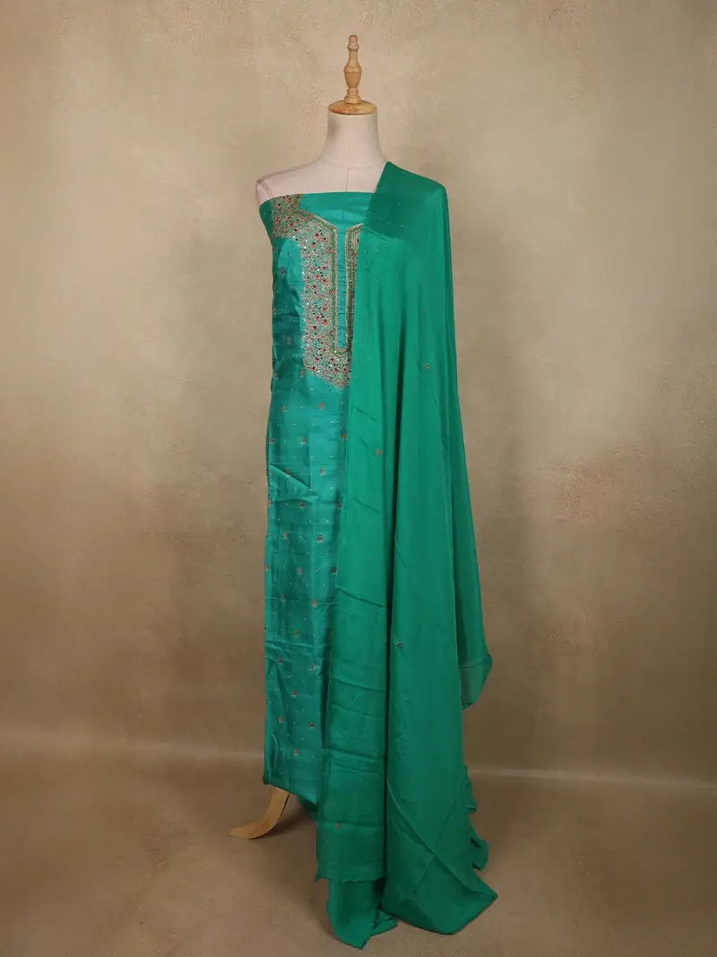 Aqua Green Floral Sequins And Thread Embroidered Design Tussar Silk Unstitched Salwar Material With Dupatta 1