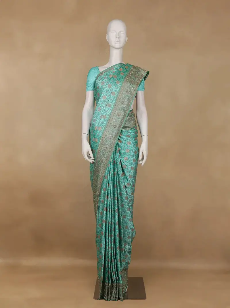 Aqua Green Floral Woven Banarasi Silk Saree 1