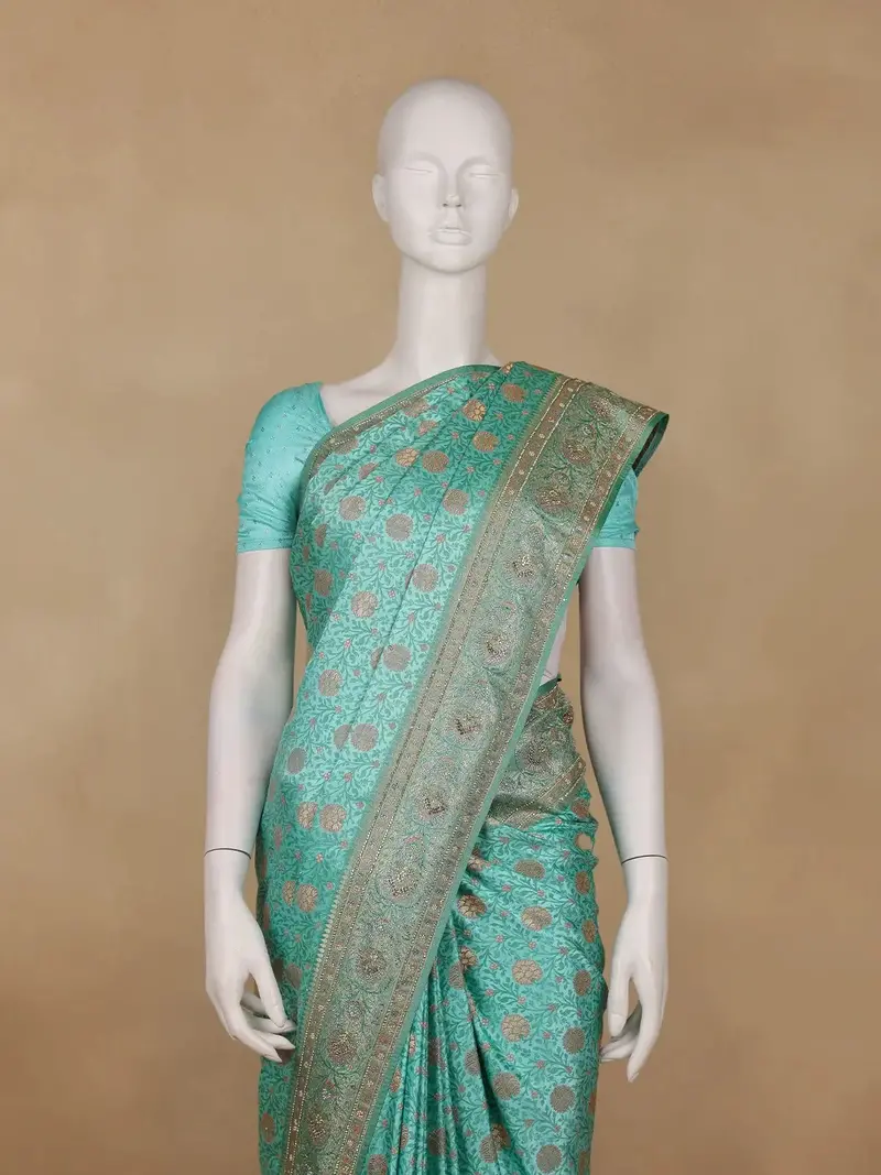 Aqua Green Floral Woven Banarasi Silk Saree 2