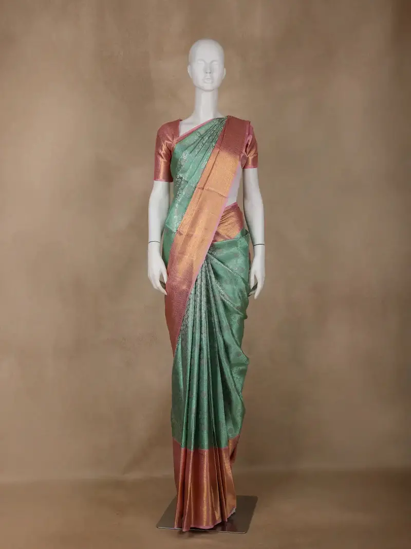 Aqua Green Floral Woven Pure Kanchipuram Silk Saree 1