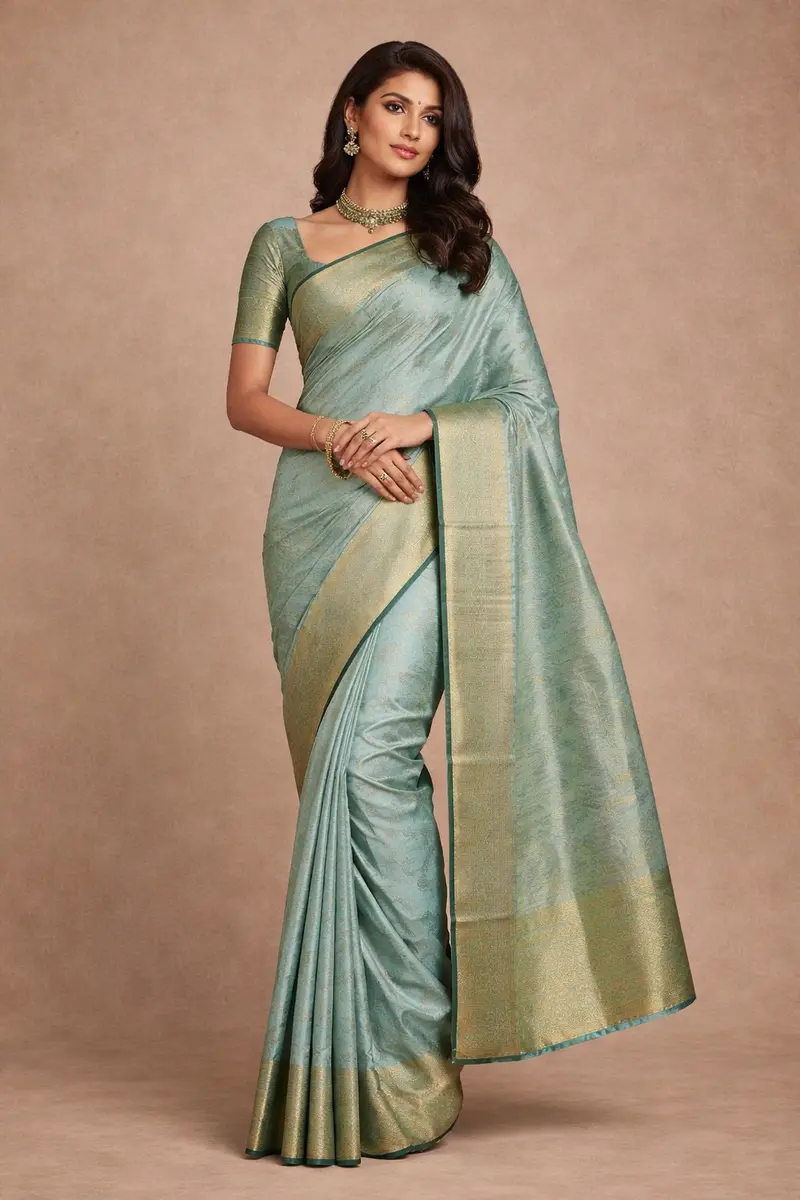 Aqua Green Floral Woven Pure Kanchipuram Silk Saree 1
