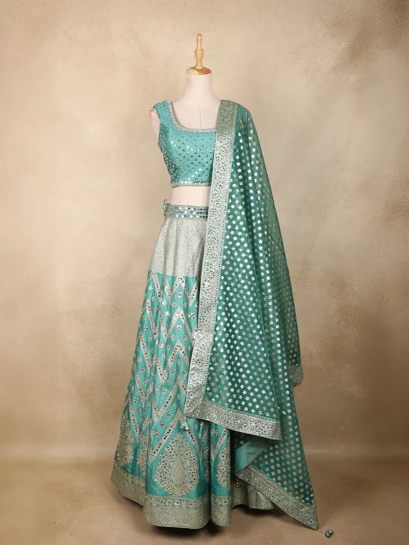 Aqua Green Mirror Embroidered Banarasi Silk Lehenga Set With Dupatta 1