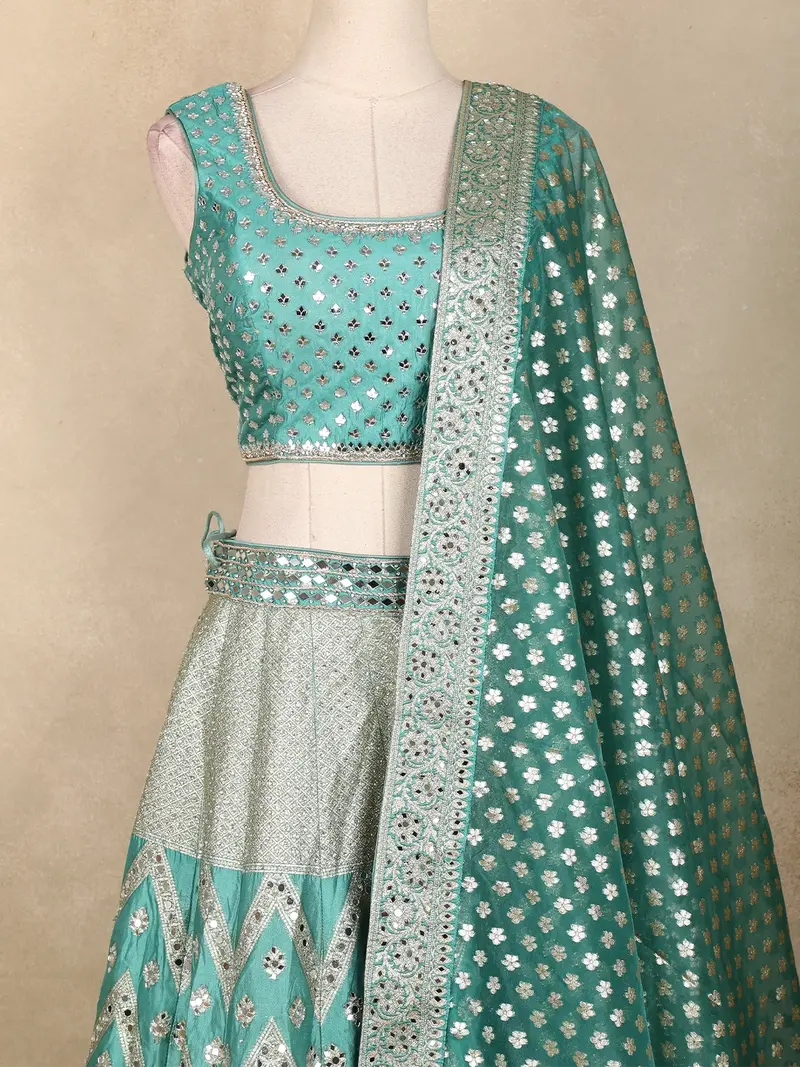 Aqua Green Mirror Embroidered Banarasi Silk Lehenga Set With Dupatta 2
