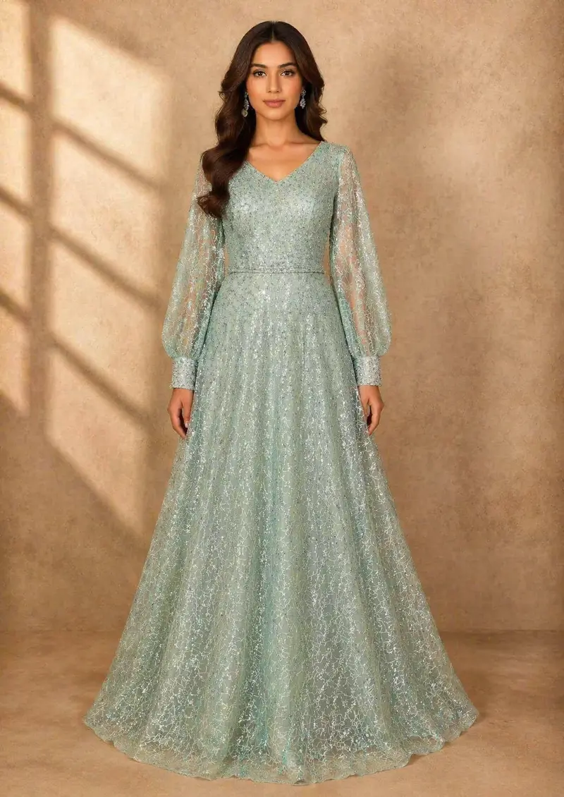 Aqua Green Net With Beads Glitters And Long Sleeves Gown 1