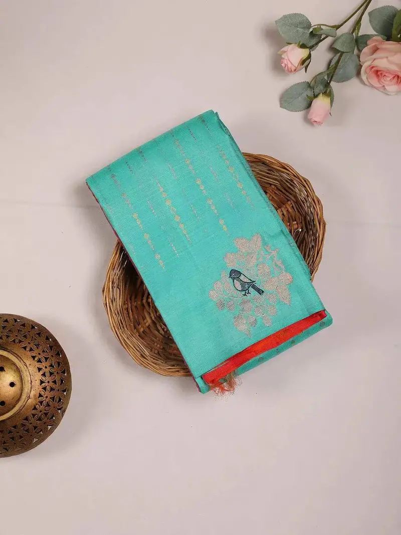 Aqua Green Pure Kanchipuram Bridal Silk Saree With Stripes On The Body And Without Border 1